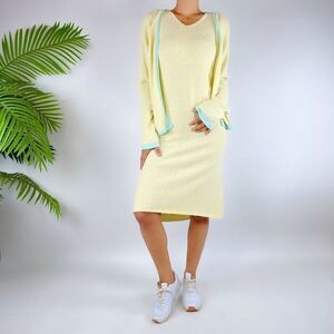 Vintage Y2K Beachy Yellow & Blue Classy Two Piece Midi Dress & Cardigan / Sz: M